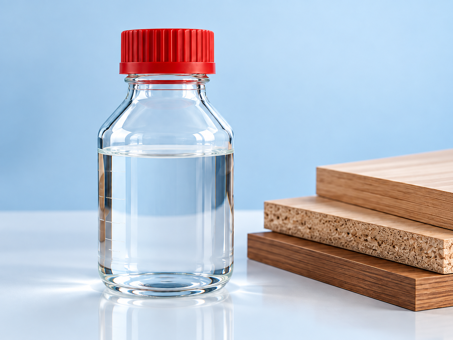 Clear liquid bottle beside wood panel samples