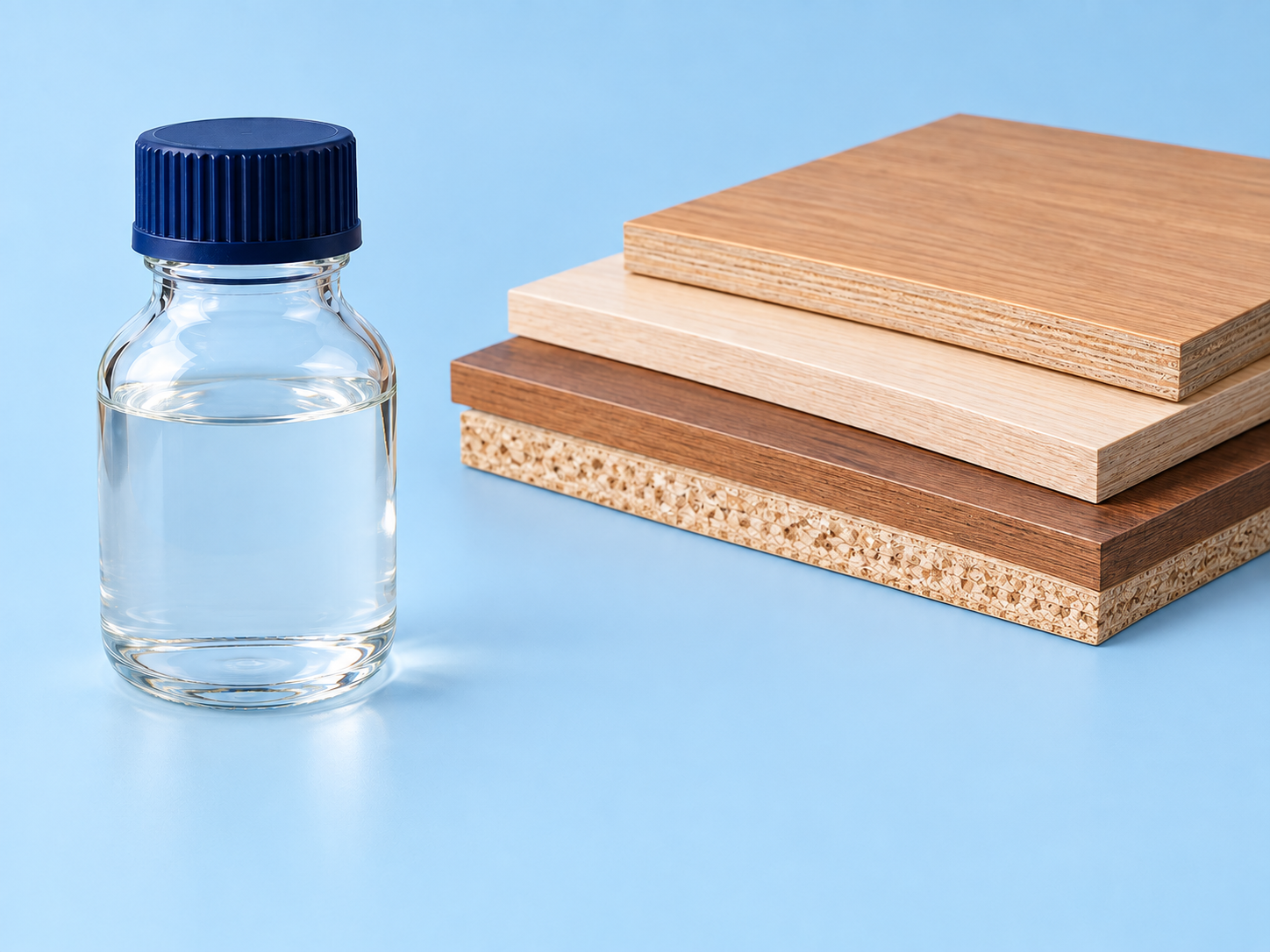 Clear liquid bottle beside wood panel samples